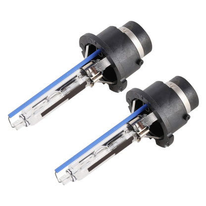HID xenon headlight bulbs pair with black bases and clear glass tubes, blue wire leads