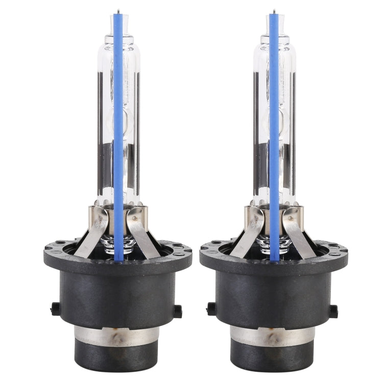HID xenon headlight bulbs pair front view with black mounting bases and clear glass tubes