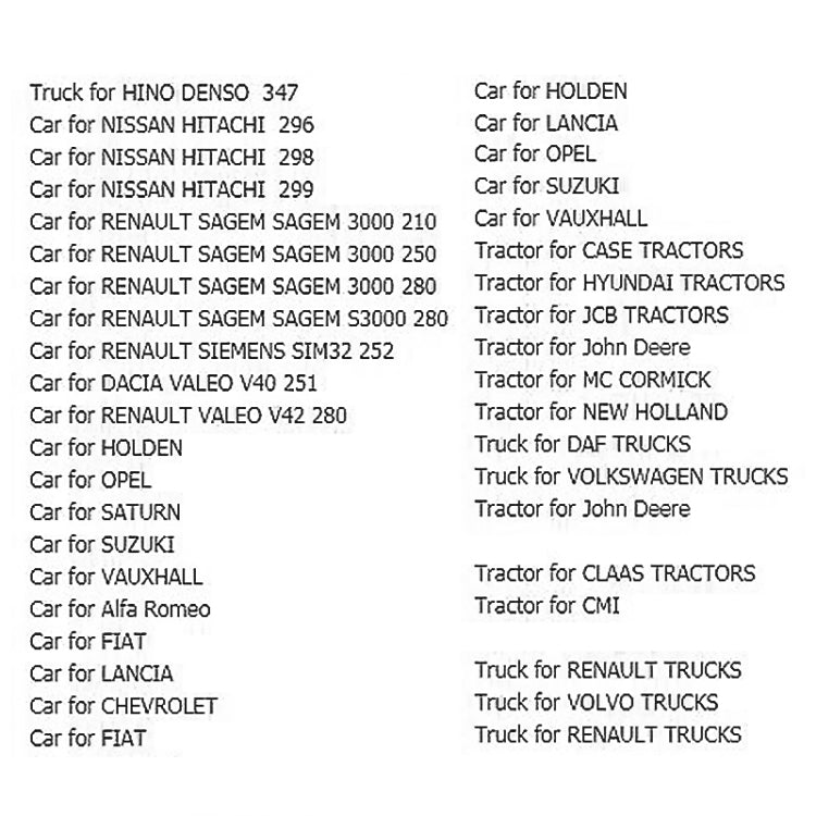 ECU programming tool compatibility list card with vehicle brand headings