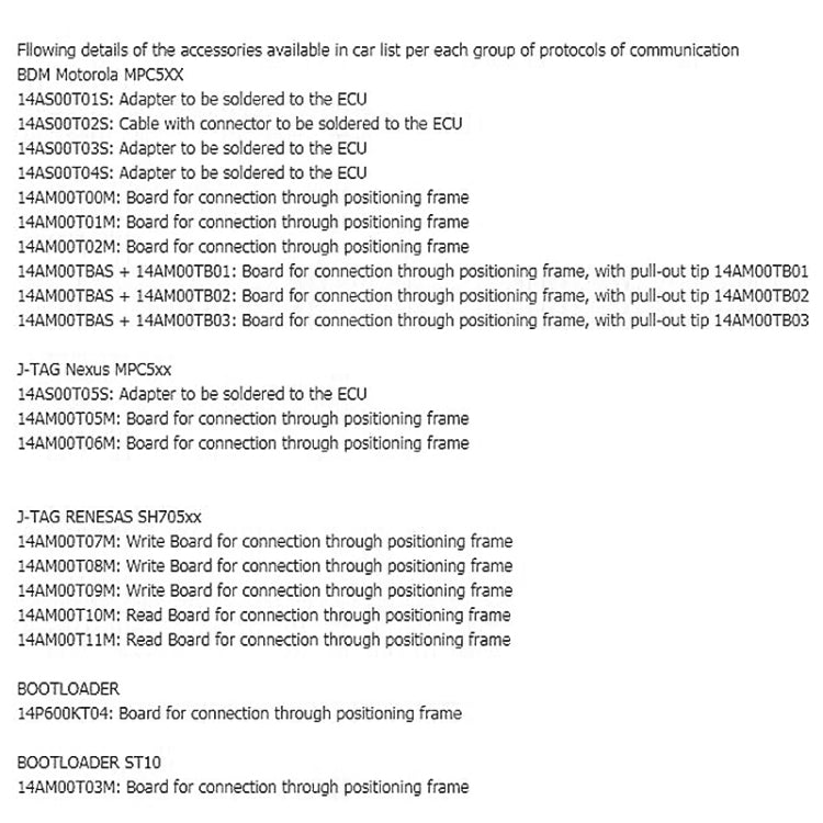 ECU programming adapter details list with boards and pull-up notes
