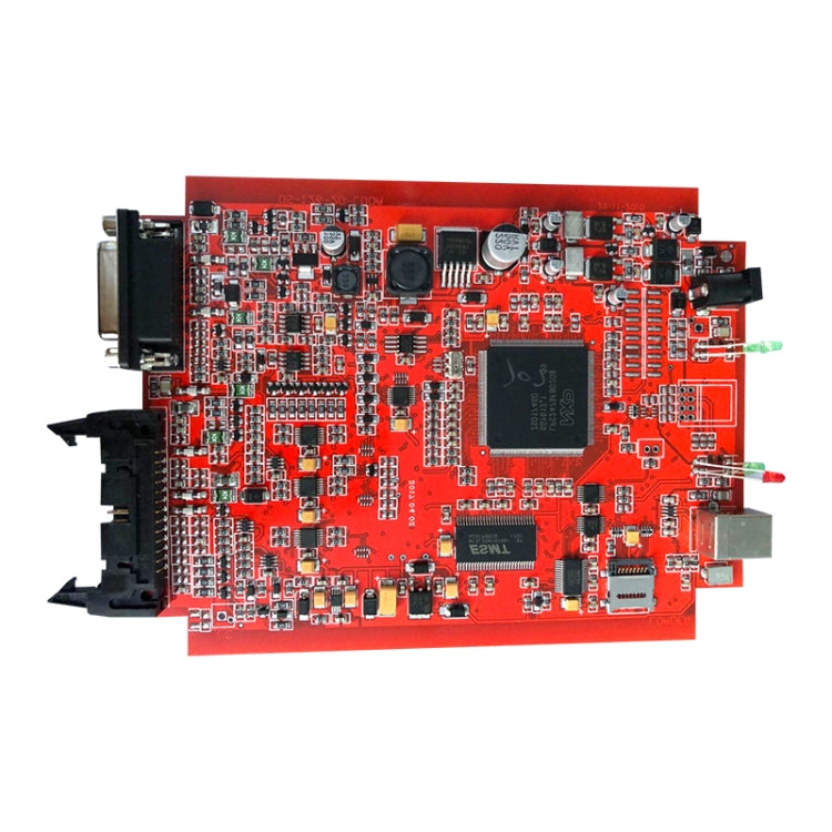 Red ECU programming PCB board with electronic components and connector pins