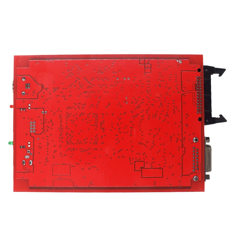 Red ECU programming PCB underside with circuit traces and ports