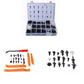 Car trim retainer clip set with orange and black installation tools and mixed fasteners