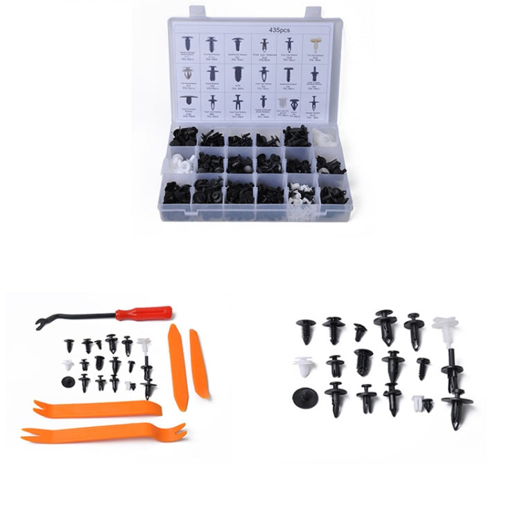 Car trim retainer clip set with orange and black installation tools and mixed fasteners