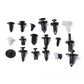 Assorted black and white plastic car panel retainer clips and push rivets