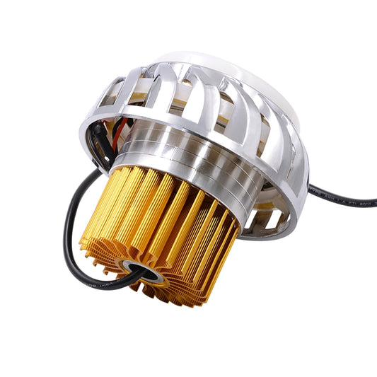 Motorcycle LED headlight lens with chrome shell and gold cooling fins