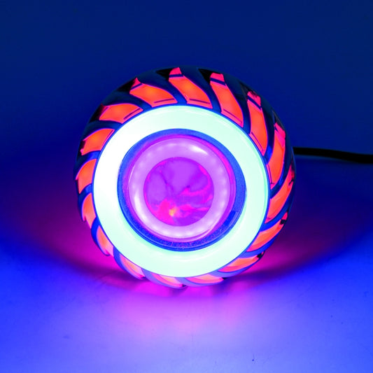 Motorcycle LED headlight lens with glowing red and blue ring and fin detail