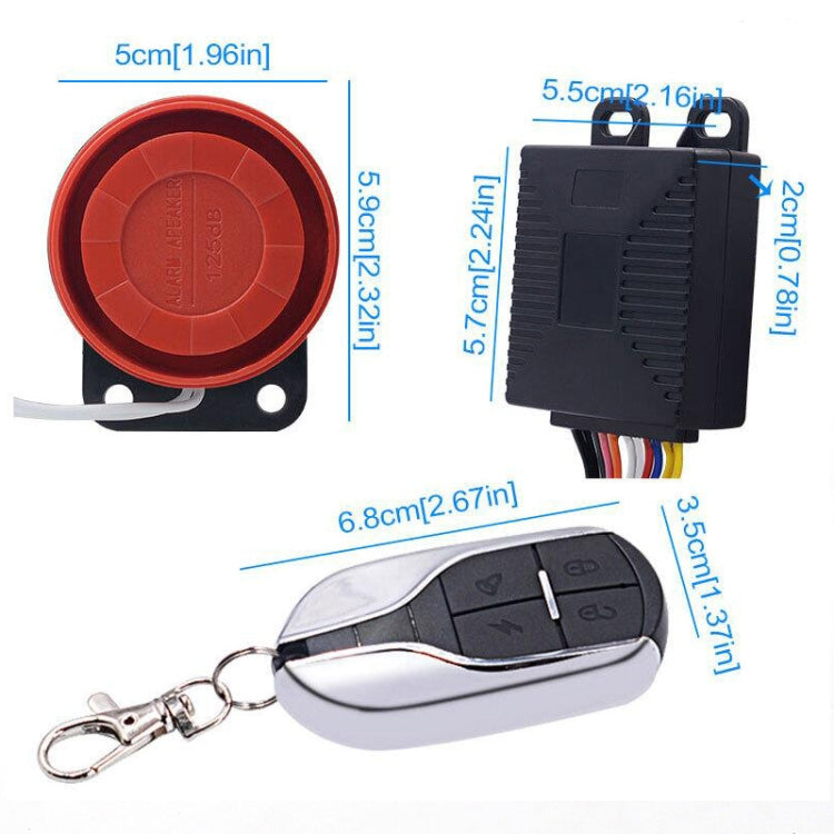 Motorcycle alarm key fob and red siren button with size diagram