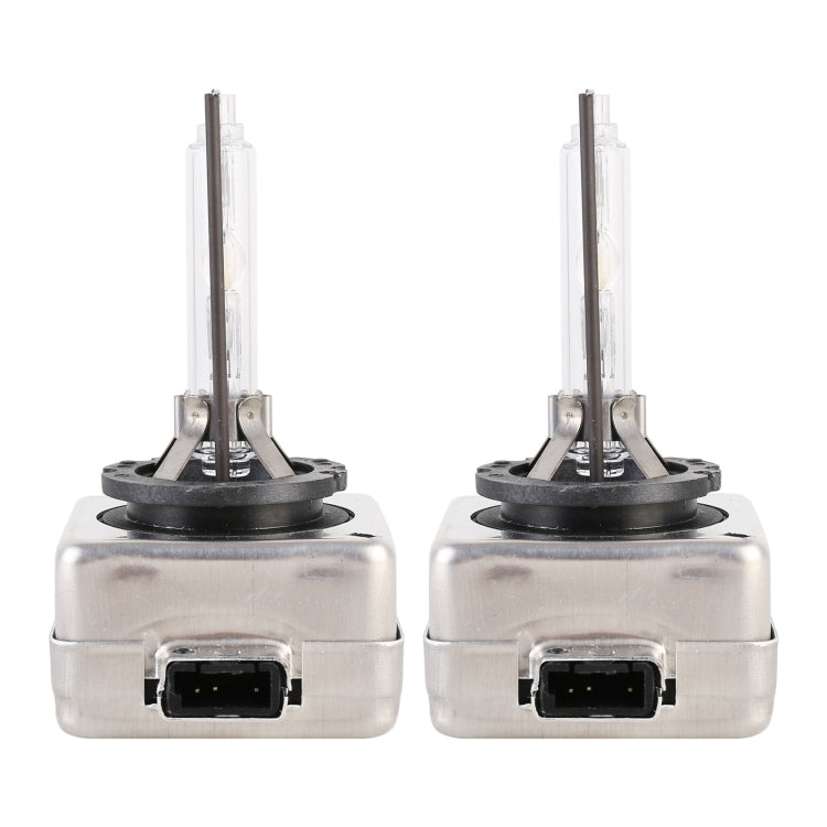 Two HID xenon bulbs with clear glass tubes, black bases, and silver metal housings