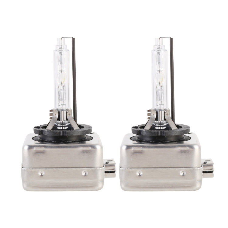 Pair of HID xenon bulbs with upright clear glass tubes and silver metal base units