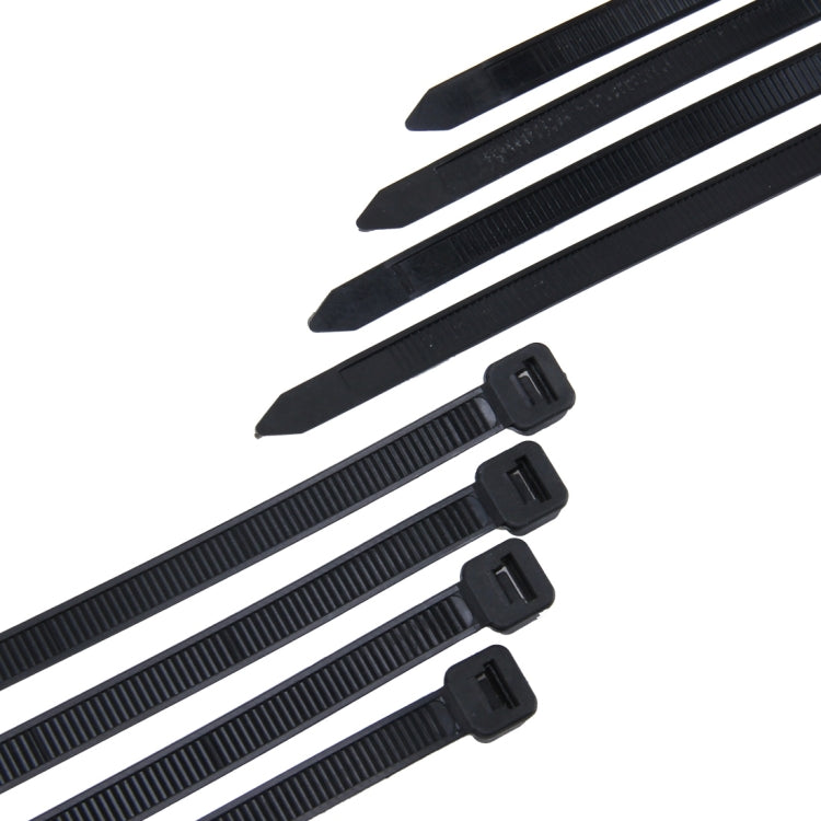 Black nylon cable ties with serrated bands and locking heads.
