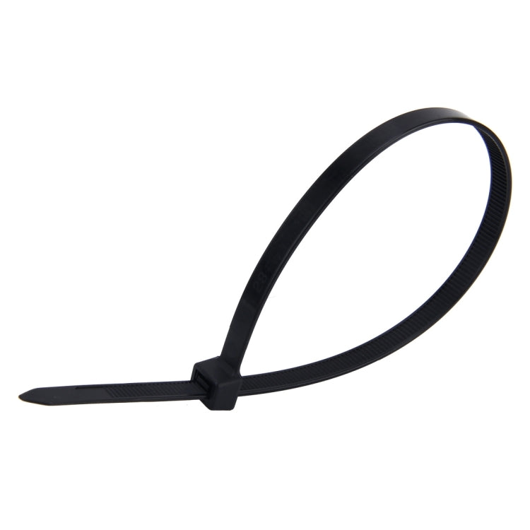 Black nylon cable tie, 8mm x 300mm, with tapered head and pointed end