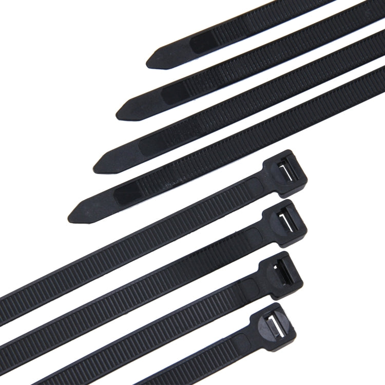Black nylon cable ties, 8mm x 300mm, close-up of ridged straps and lock heads