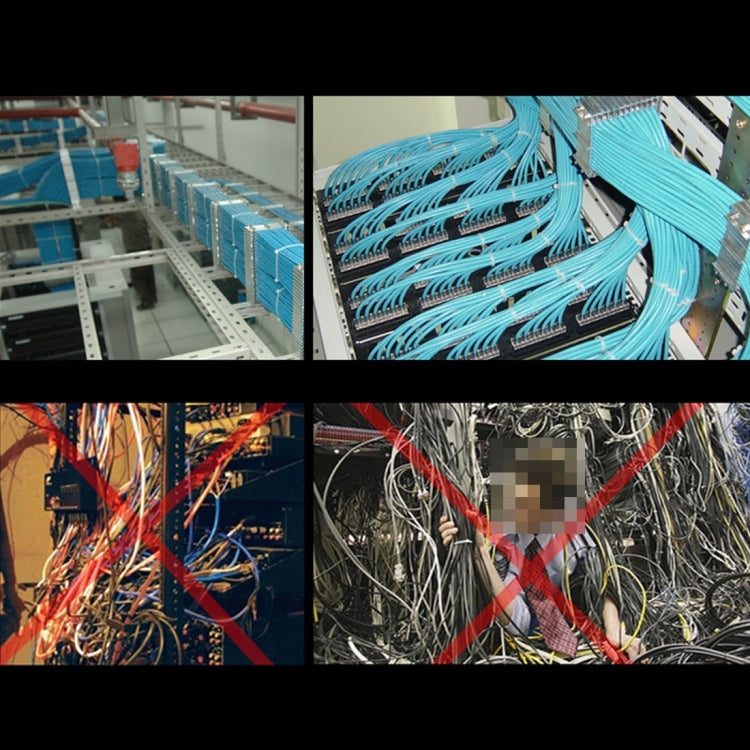 Blue nylon cable ties organizing cable bundles in server racks