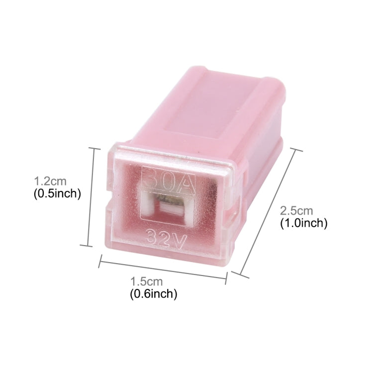 Pink PAL fuse holder showing 30A 32V in window, push-in female terminal socket