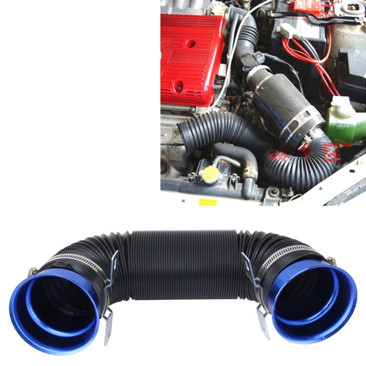 Universal air intake tube with black ribbed hose and blue inlet couplers, metal clamps