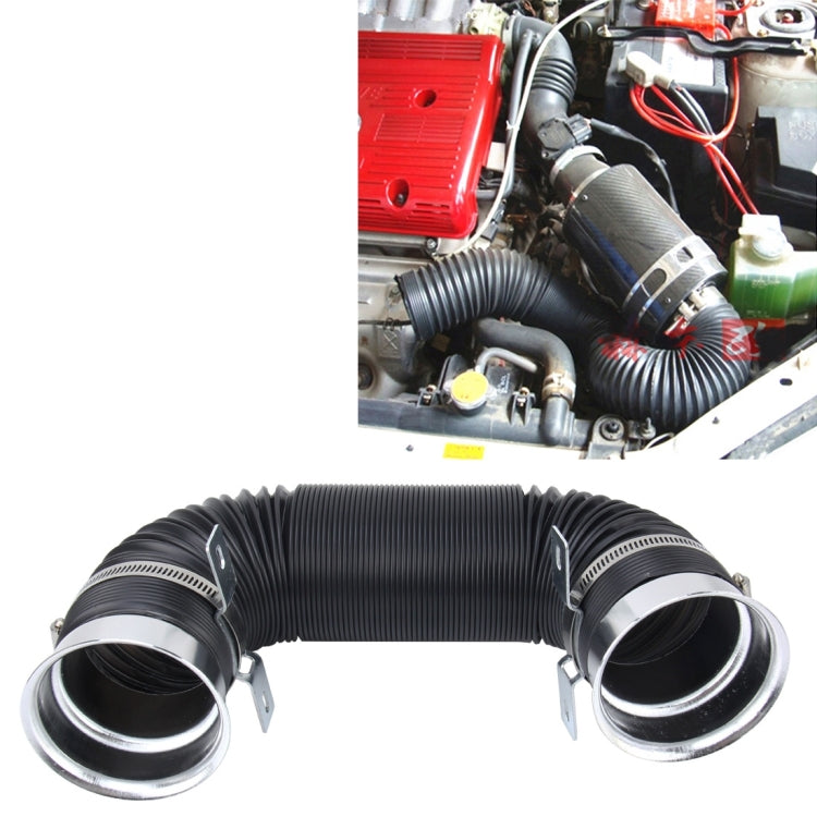 Universal air intake tube with black ribbed hose and silver inlet couplers, metal clamps