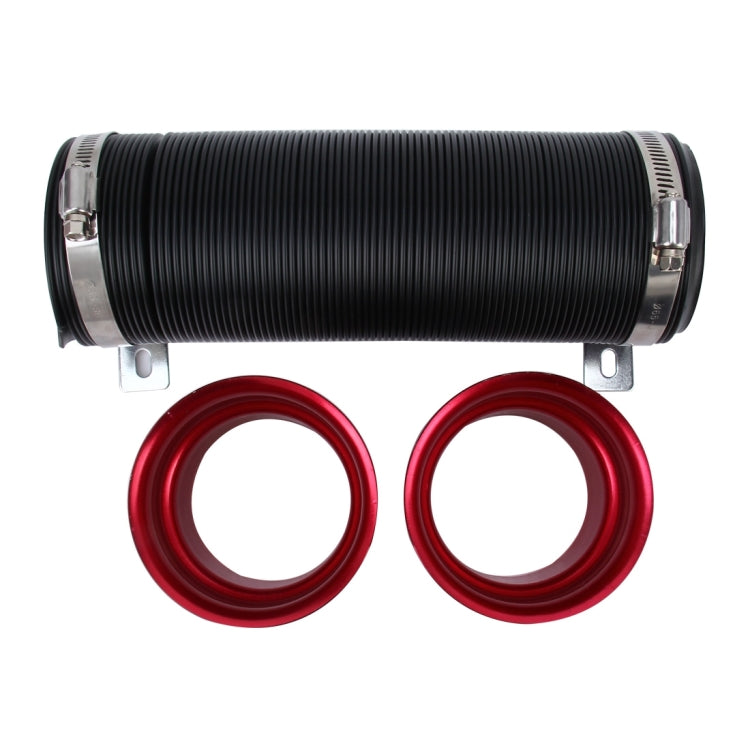 Universal air intake tube with black ribbed hose and red sealing rings, metal clamps
