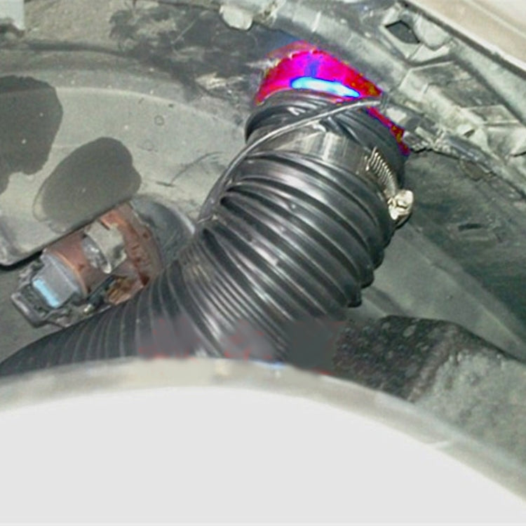 Universal air intake tube installed with black ribbed hose and purple-tinted coupler