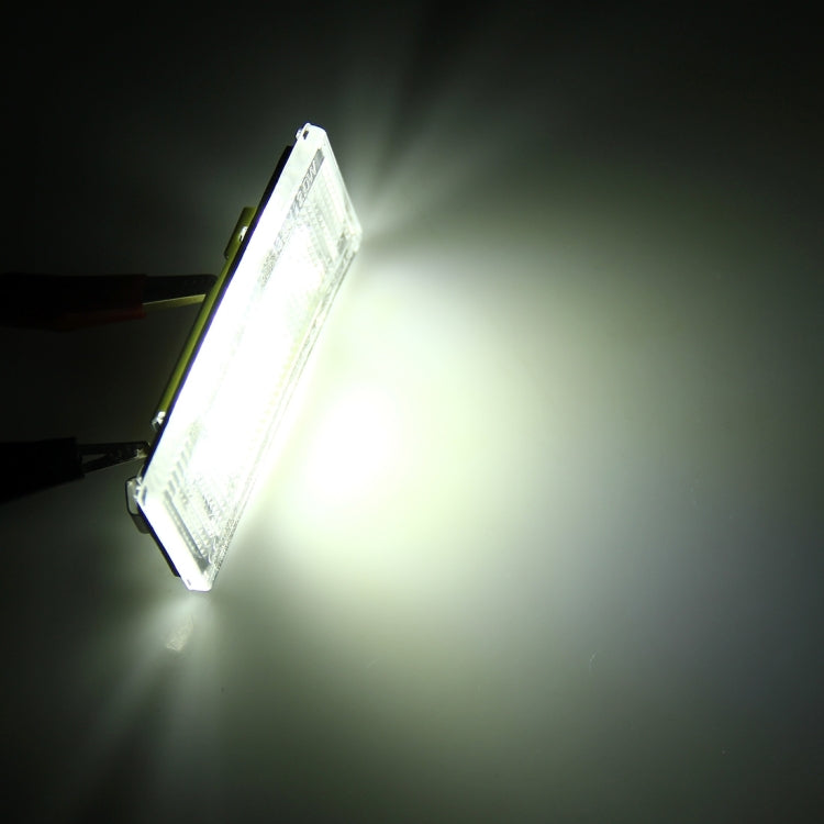 Illuminated license plate light showing bright white light through clear lens