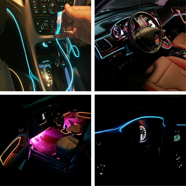 Car LED strip light in car interior with multicolor glowing trim lines