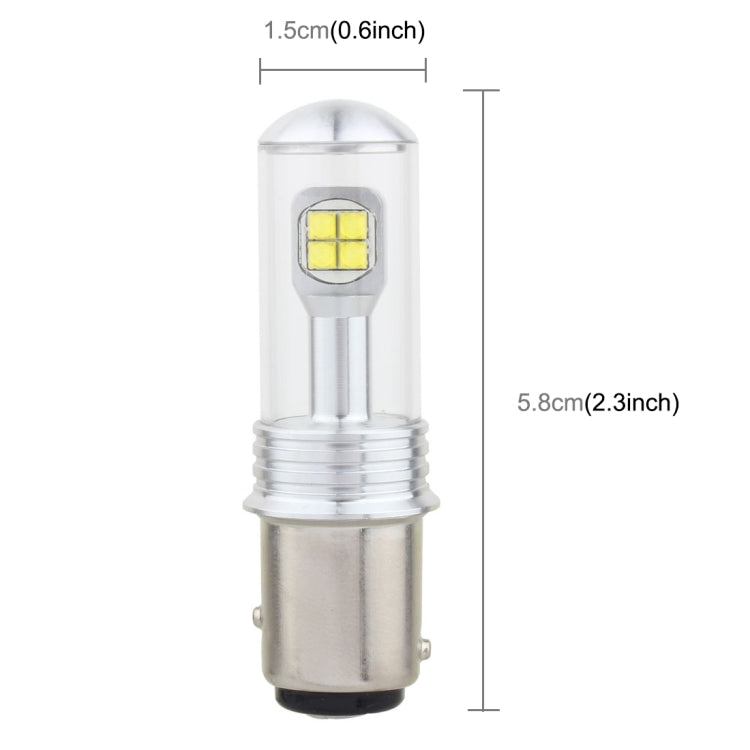 LED car bulb size diagram: clear lens, yellow LED chip, silver metal base, 5.8 x 1.5 cm.