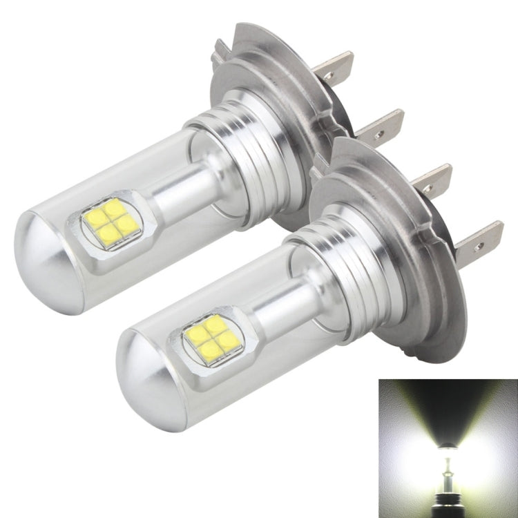 Pair of H7 LED fog light bulbs with silver metal housing and square LED chips