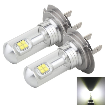 Pair of H7 LED fog light bulbs with silver metal housing and square LED chips