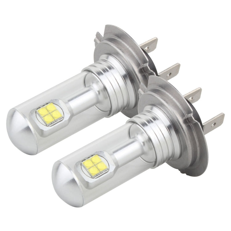 H7 LED fog light bulb set, two white-glowing units with metal collar and LEDs