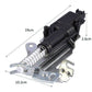 Car tailgate lock actuator motor with metal base, spring, and visible size dimensions
