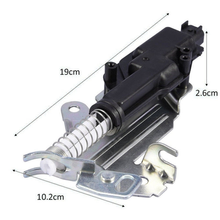 Car tailgate lock actuator motor with metal base, spring, and visible size dimensions