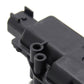 Car tailgate lock actuator motor close-up of black connector and mounting tabs