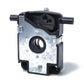 Hood lock latch mechanism with black housing, round opening, and side mounting tabs