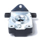 Metal hood lock latch catch block with central circular opening and two mounting holes