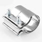Stainless steel exhaust downpipe band clamp with two threaded bolts and metal bracket