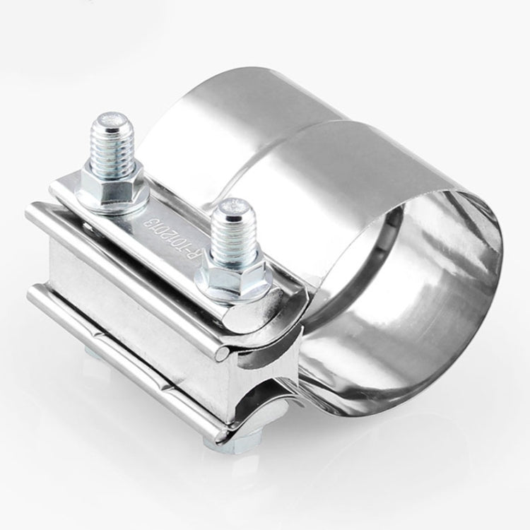 Stainless steel exhaust downpipe band clamp with two threaded bolts and metal bracket