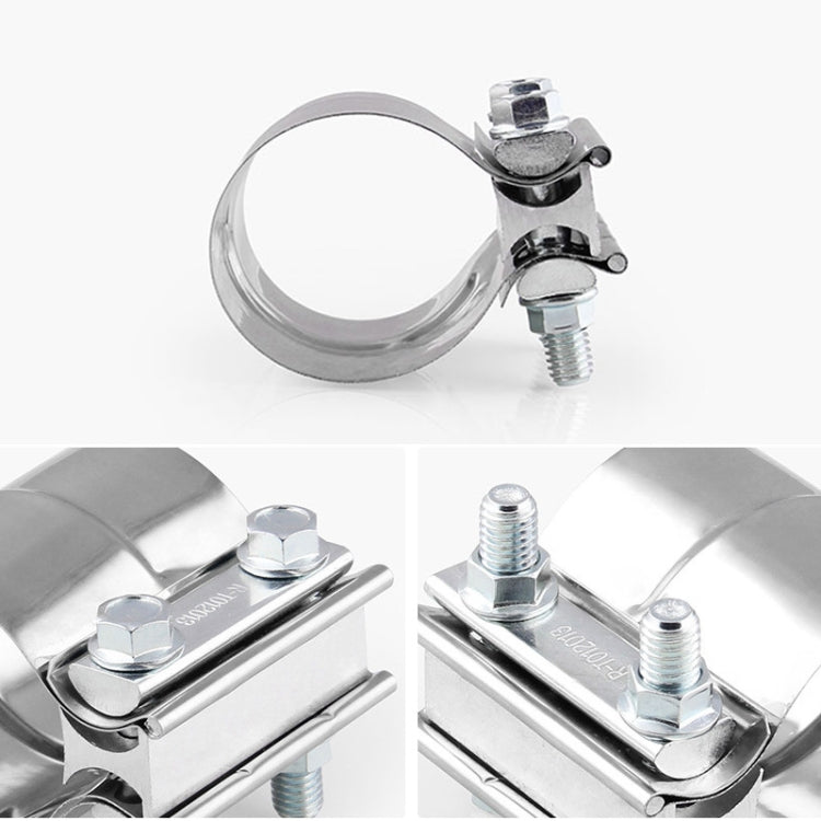 Stainless steel exhaust band clamp with curved band and two tightening bolts
