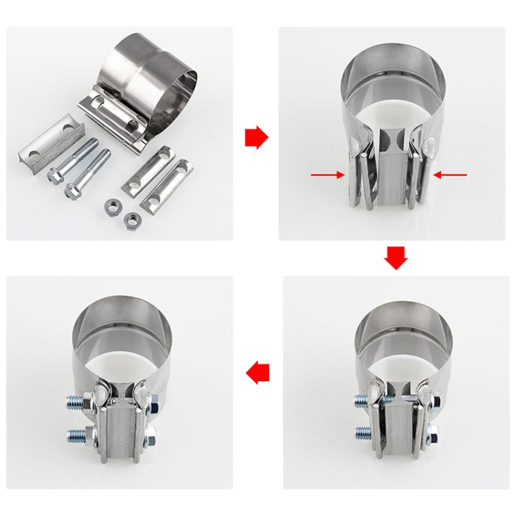 Stainless steel exhaust band clamp kit with band, bolts, and hardware pieces