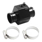 Black radiator temperature sensor adaptor with 28mm port and two metal hose clamps