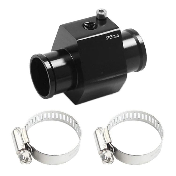 Black radiator temperature sensor adaptor with 28mm port and two metal hose clamps