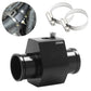 Black radiator temperature sensor adaptor with 30mm port and metal hose clamps