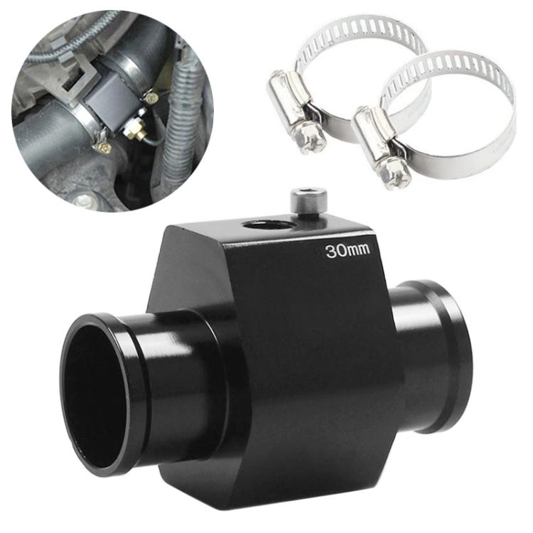 Black radiator temperature sensor adaptor with 30mm port and metal hose clamps