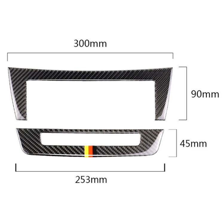 Carbon fiber CD panel trim sticker with German flag accent, size diagram