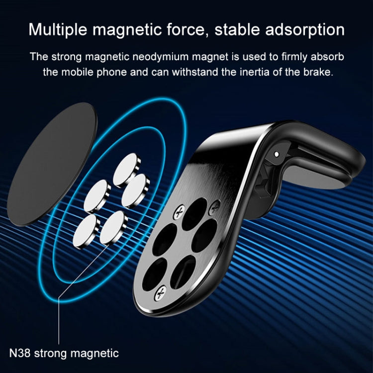 Air outlet magnetic phone holder, black circular magnet face on metal air vent mount