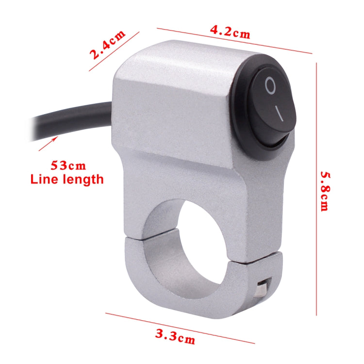 Headlight auxiliary switch with silver aluminum body, black 0/I button, wire connector