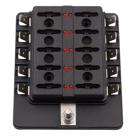 Car 10-way fuse box terminal block with multiple fuse sockets and center mounting screw