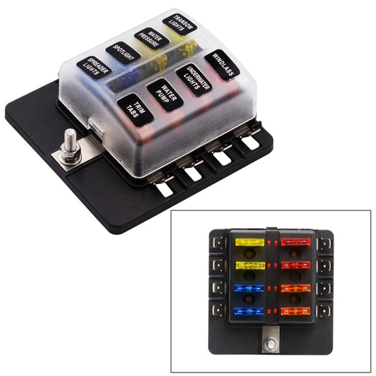Car fuse box terminal block with labeled switches and multiple colored fuse windows, black base