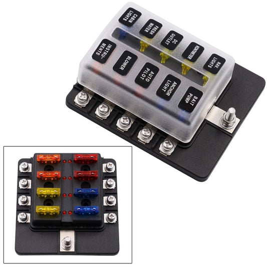 10-slot auto fuse box kit with screw terminals and colored fuses in clear label cover