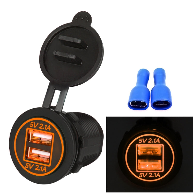 Dual USB car charger with retractable socket and orange LED ring, 2-port 5V 2.1A each