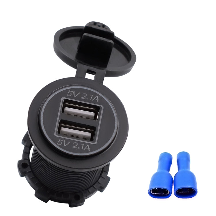 Dual USB car charger, black housing with two USB ports and blue example USB connectors